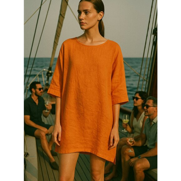 Jarbo Citrus Orange Dahlia Tunic Linen Dress - Picture 1 of 11